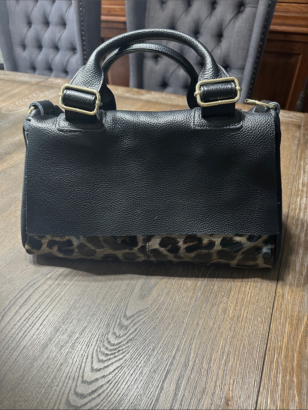 Aidrani Black Satchel with Leopard Trim - Structured Top-Handle Bag